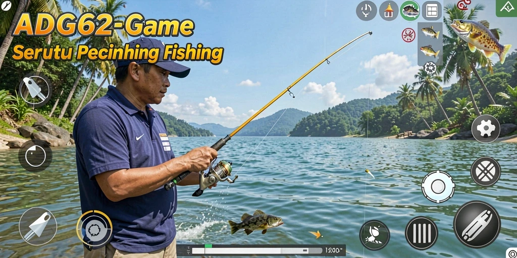 Screenshot gameplay ADG62 menunjukkan aksi memancing yang seru.