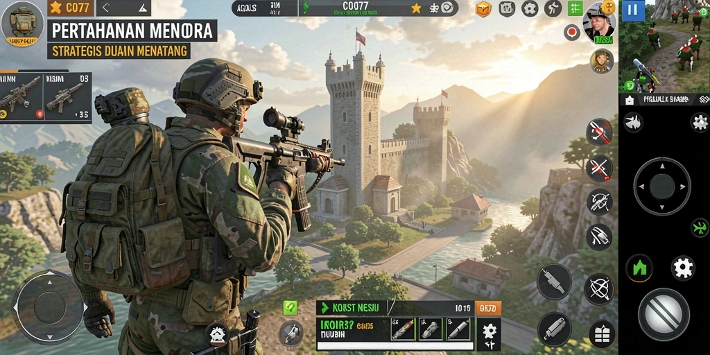 Screenshot menampilkan gameplay menara pertahanan yang intens di COO77.
