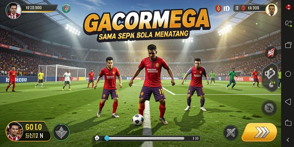 Tangkapan layar utama GACORMEGA menunjukkan aksi seru di lapangan sepak bola.