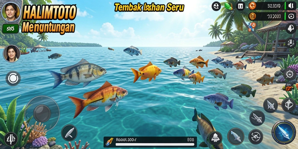 Tampilan gameplay seru HALIMTOTO dengan ikan berwarna-warni.