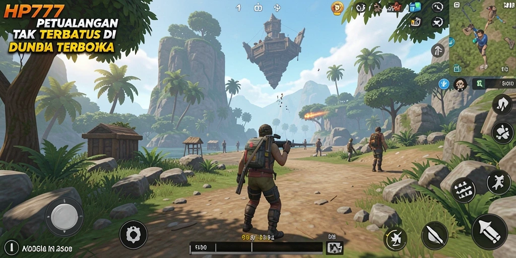 Screenshot gameplay HP777 yang menampilkan dunia terbuka yang luas.