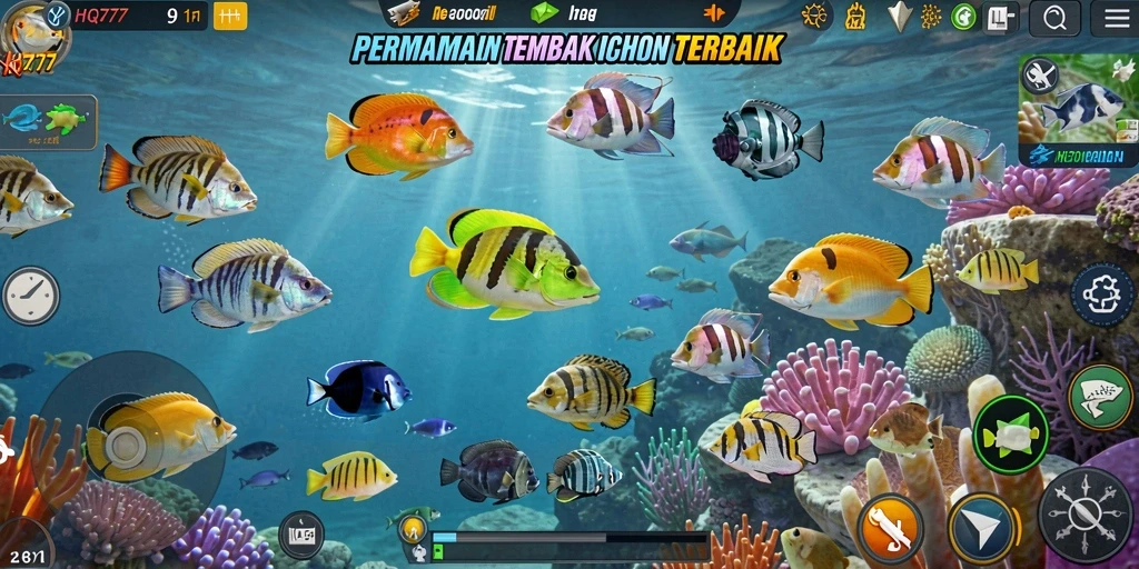 Tampilan layar gameplay HQ777 yang penuh aksi menembak ikan.