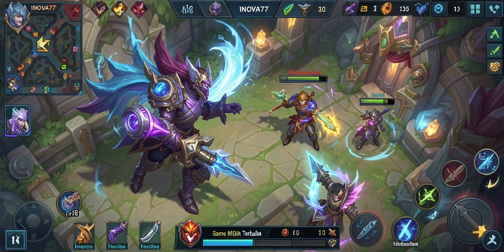 Gameplay seru INOVA77 dengan aksi MOBA mendebarkan.