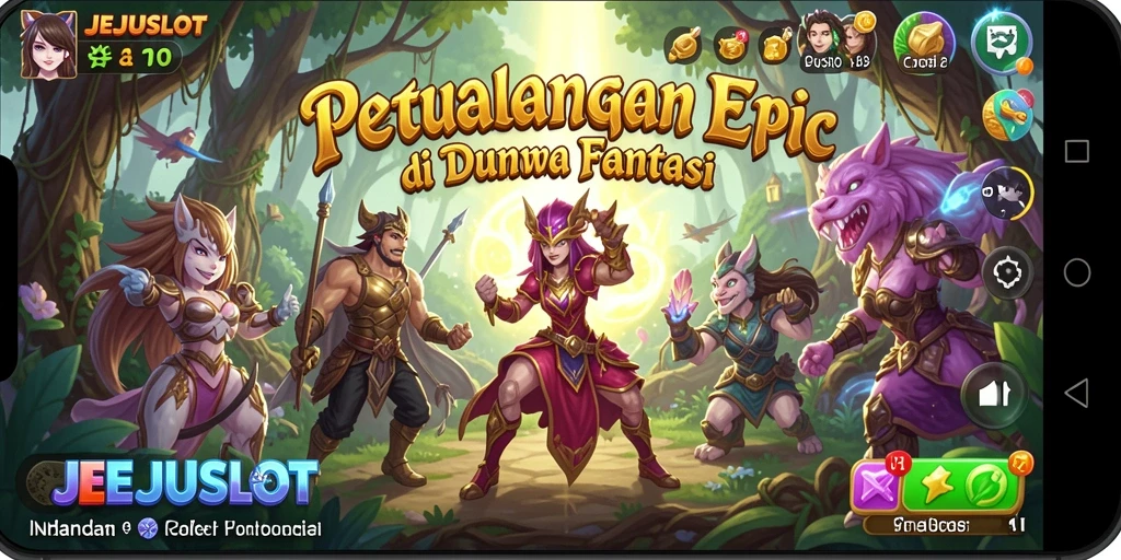 Screenshot utama JEJUSLOT menampilkan karakter petualangan dalam pertempuran epik.