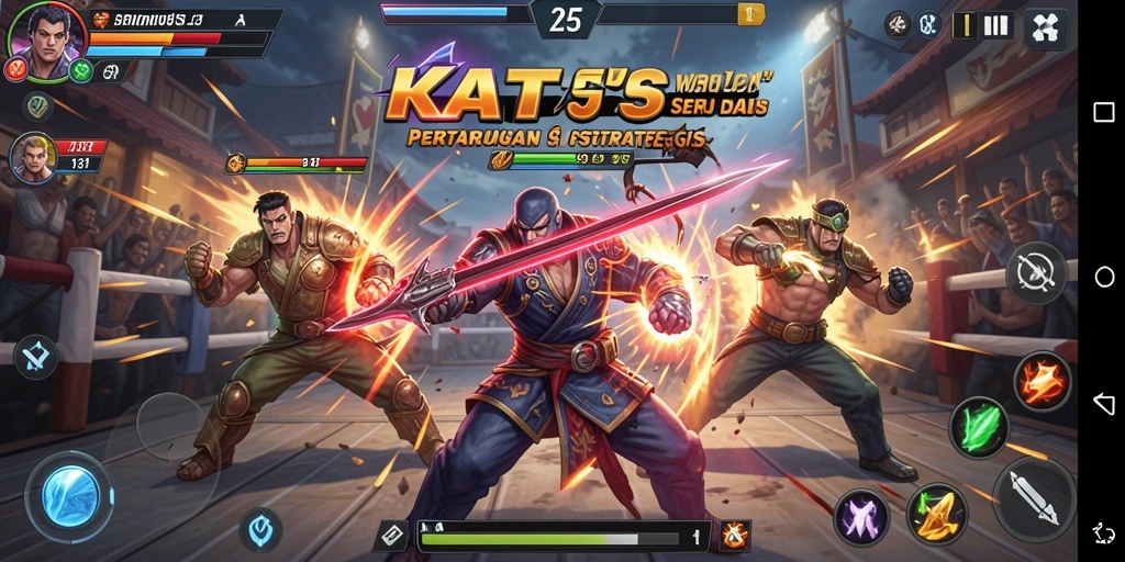 Screenshot gameplay KATSU5 menampilkan pertarungan epik dan karakter dinamis.