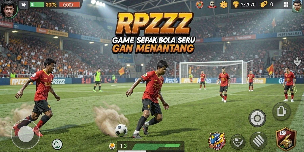 Screenshot gameplay RPZZZ dengan aksi pertandingan sepak bola yang seru.