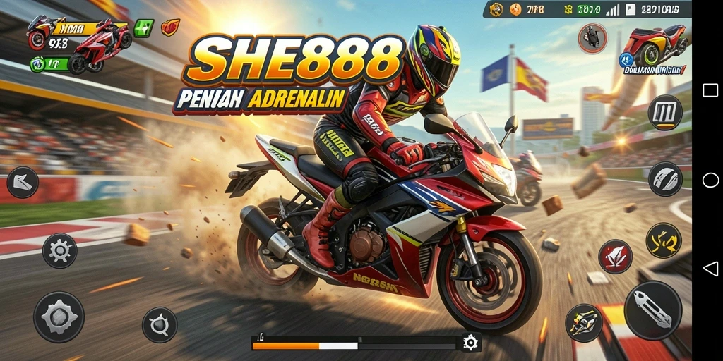 Tangkapan layar gameplay SHE888 menampilkan balapan motor intens dan trek yang menantang.