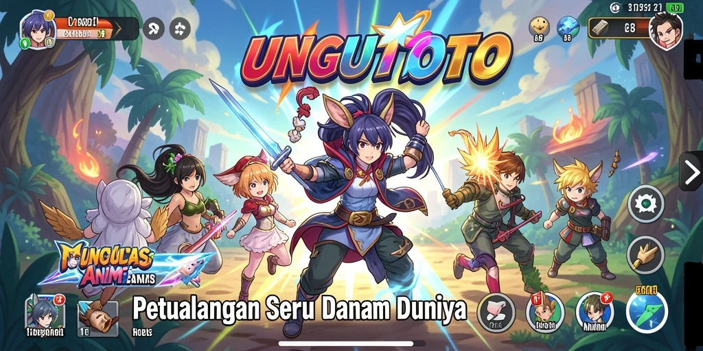 Screenshot gameplay UNGUTOTO yang menampilkan karakter anime yang beraksi.