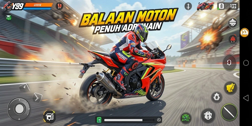 Menampilkan gameplay balapan motor yang seru dan mendebarkan.